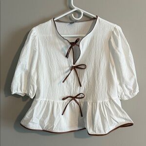 SHEIN White Blouse with Brown Trim